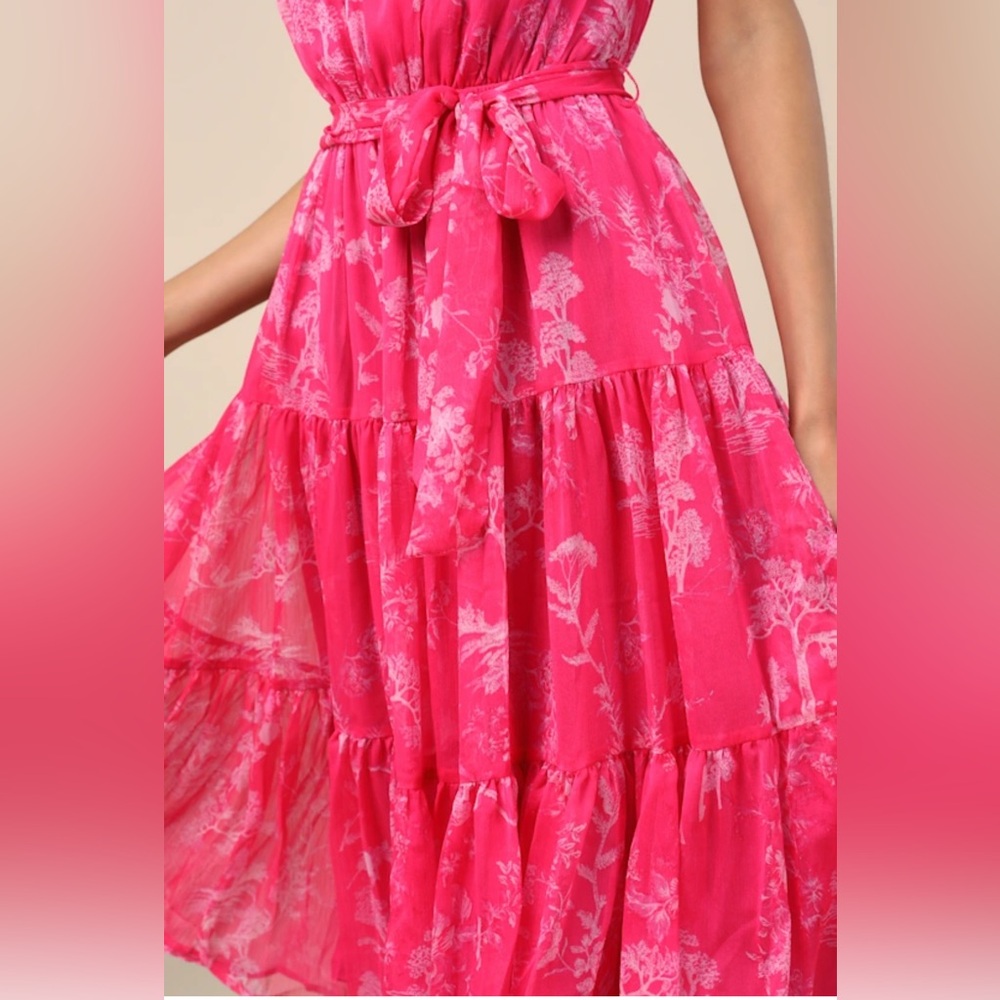 Lulu’s Float to You Hot Pink Floral Print Halter-Neck Tiered Midi Dress -Size M - Picture 4 of 4